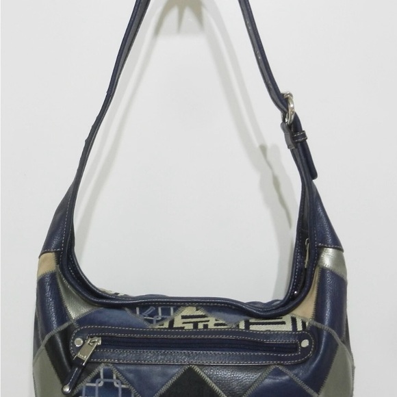 TIGNANELLO Blue Leather/Suede Patchwork Retro Hobo Shoulder Bag